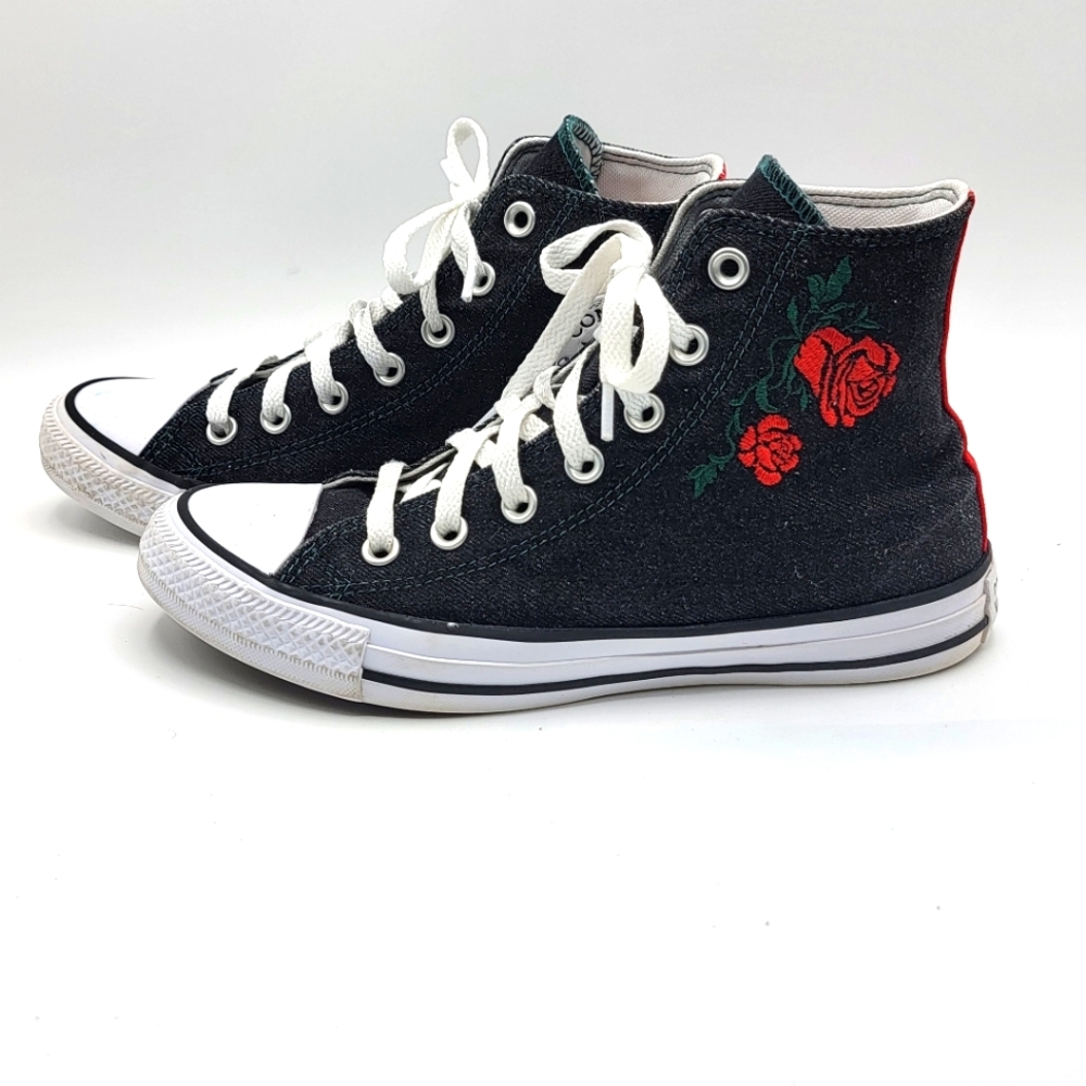 Converse ALL STAR Black High-Top Sneakers w/ Red Rose‎ SIZE 7.5 W; 5.5 M. #1459